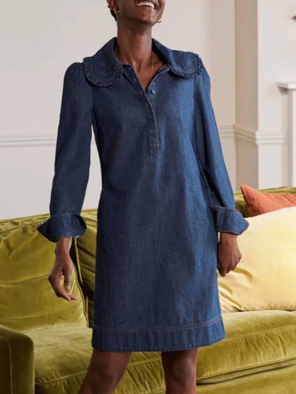 Boden Statement collar denim mini dress, size 2P